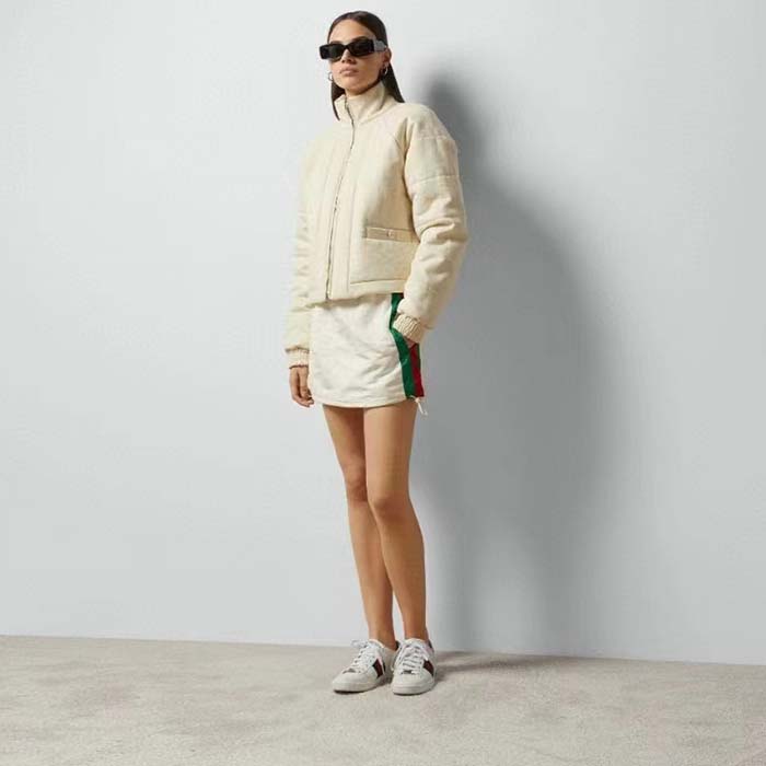 Gucci Women GG Canvas Bomber Jacket Cream Self-Covered Buttons Interlocking G Lined High Neck