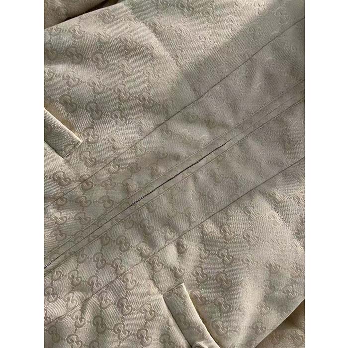 Gucci Men GG Canvas Bomber Jacket Cream Self-Covered Buttons Interlocking G Lined High Neck