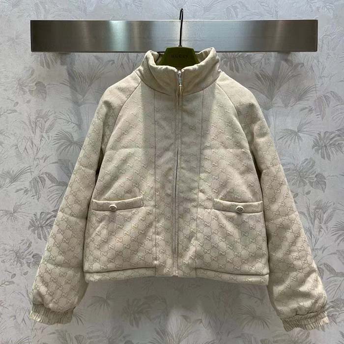 Gucci Men GG Canvas Bomber Jacket Cream Self-Covered Buttons Interlocking G Lined High Neck