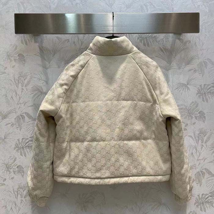 Gucci Men GG Canvas Bomber Jacket Cream Self-Covered Buttons Interlocking G Lined High Neck
