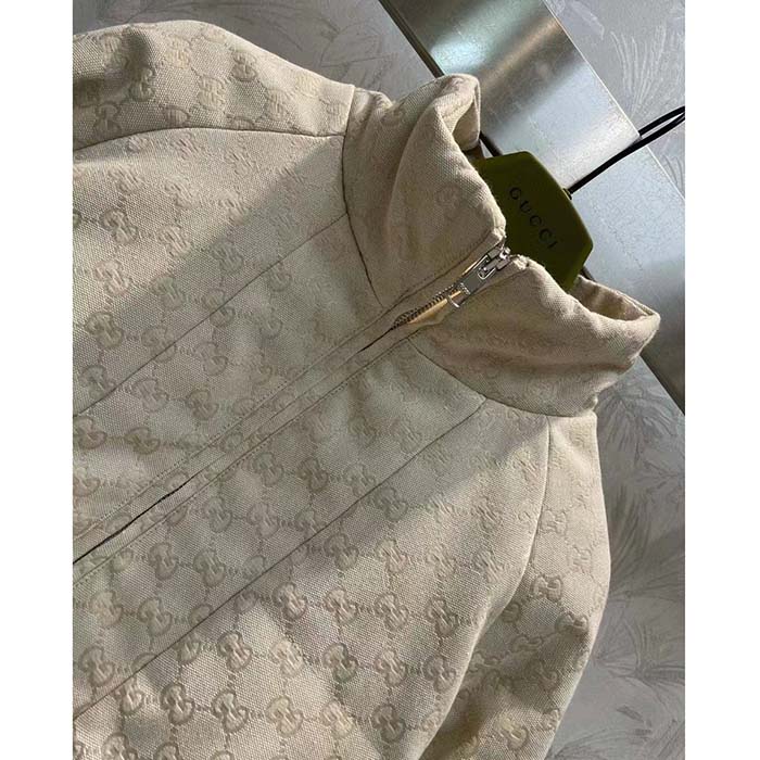 Gucci Men GG Canvas Bomber Jacket Cream Self-Covered Buttons Interlocking G Lined High Neck
