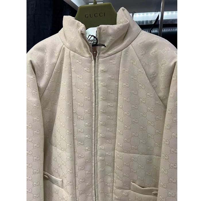 Gucci Men GG Canvas Bomber Jacket Cream Self-Covered Buttons Interlocking G Lined High Neck