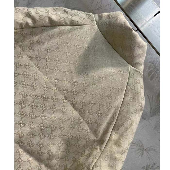 Gucci Men GG Canvas Bomber Jacket Cream Self-Covered Buttons Interlocking G Lined High Neck