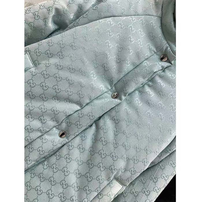 Gucci Men GG Canvas Hooded Bomber Jacket Pale Blue Two Side Pockets Padded Drawstring Hem