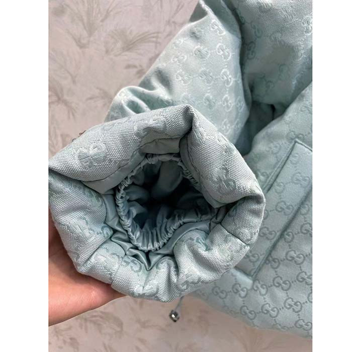 Gucci Men GG Canvas Hooded Bomber Jacket Pale Blue Two Side Pockets Padded Drawstring Hem
