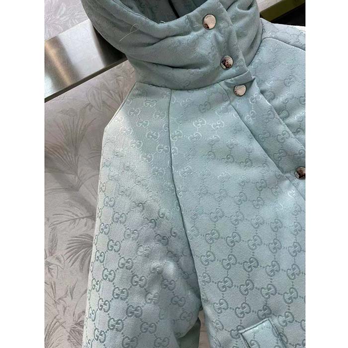 Gucci Men GG Canvas Hooded Bomber Jacket Pale Blue Two Side Pockets Padded Drawstring Hem