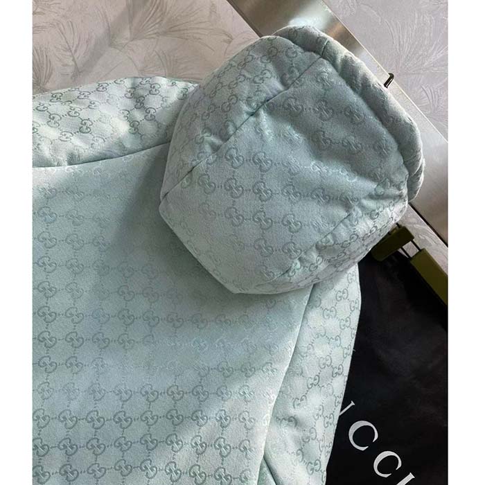 Gucci Men GG Canvas Hooded Bomber Jacket Pale Blue Two Side Pockets Padded Drawstring Hem