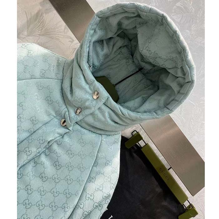 Gucci Men GG Canvas Hooded Bomber Jacket Pale Blue Two Side Pockets Padded Drawstring Hem