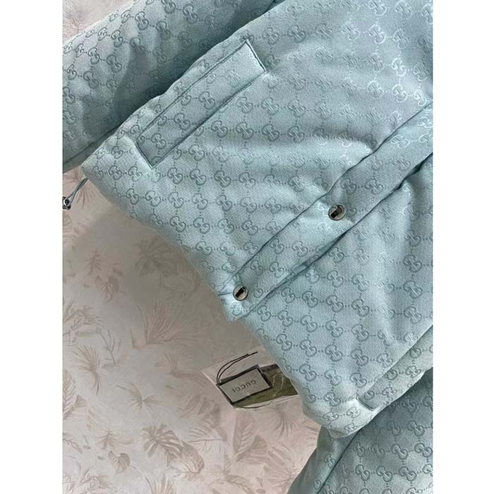 Gucci Men GG Canvas Hooded Bomber Jacket Pale Blue Two Side Pockets Padded Drawstring Hem