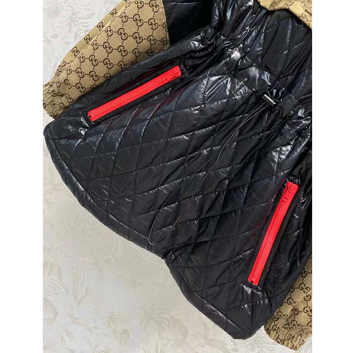 Gucci Men GG Canvas Nylon Zip Jacket Interlocking G Patch High Collar Drawstring Waistband