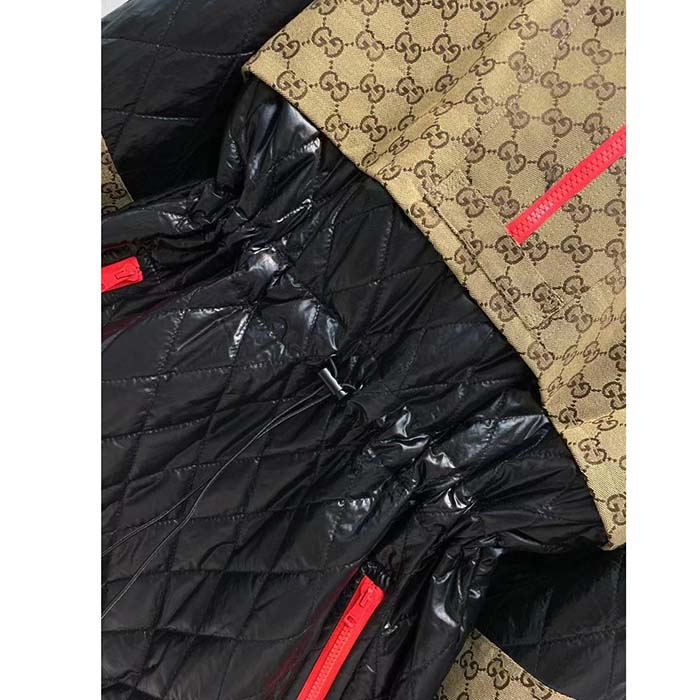 Gucci Men GG Canvas Nylon Zip Jacket Interlocking G Patch High Collar Drawstring Waistband