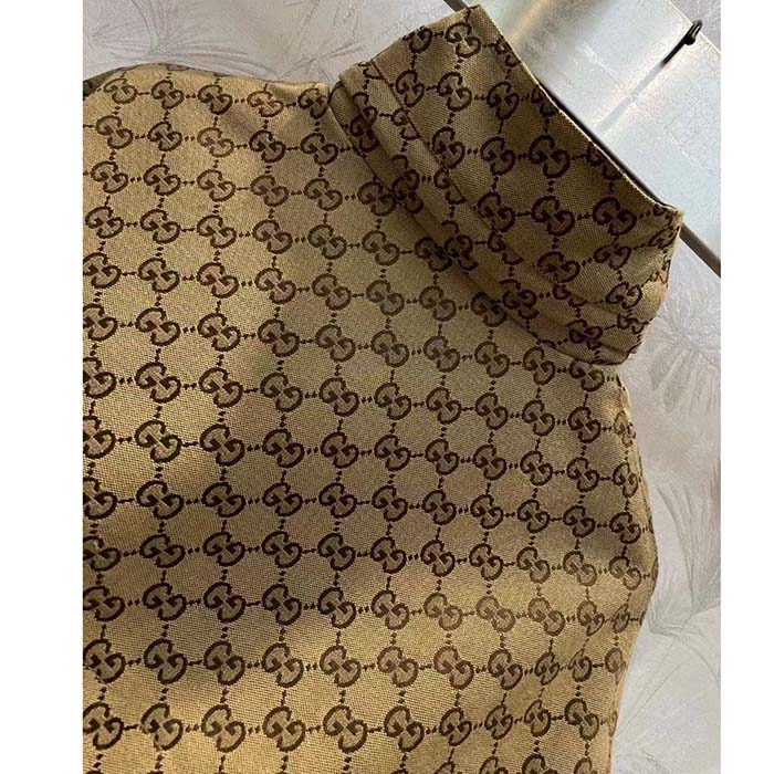Gucci Men GG Canvas Nylon Zip Jacket Interlocking G Patch High Collar Drawstring Waistband