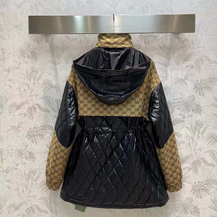 Gucci Men GG Canvas Nylon Zip Jacket Interlocking G Patch High Collar Drawstring Waistband