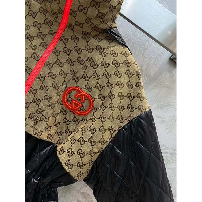 Gucci Men GG Canvas Nylon Zip Jacket Interlocking G Patch High Collar Drawstring Waistband