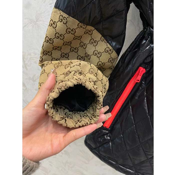 Gucci Men GG Canvas Nylon Zip Jacket Interlocking G Patch High Collar Drawstring Waistband