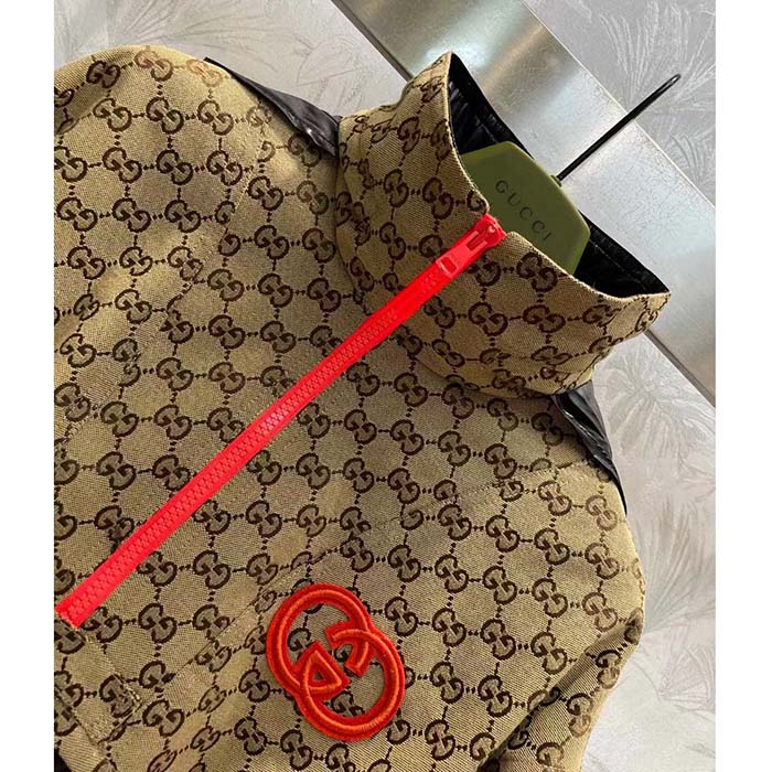 Gucci Men GG Canvas Nylon Zip Jacket Interlocking G Patch High Collar Drawstring Waistband