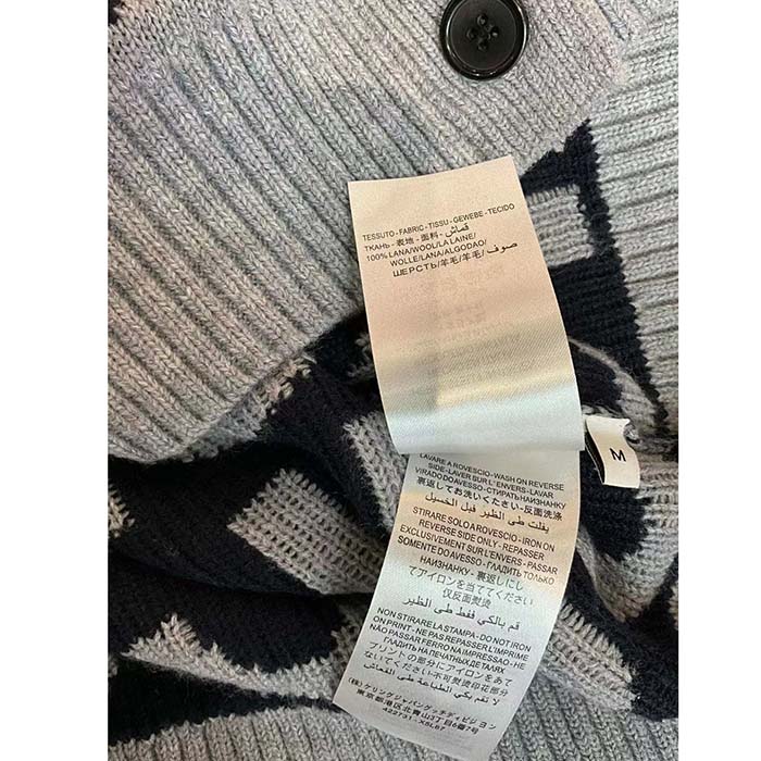 Gucci Women GG Cardigan Gucci Intarsia Grey Wool Blue V-Neck Dropped Shoulder Long Sleeves Two Pockets