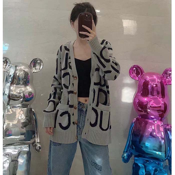 Gucci Women GG Cardigan Gucci Intarsia Grey Wool Blue V-Neck Dropped Shoulder Long Sleeves Two Pockets