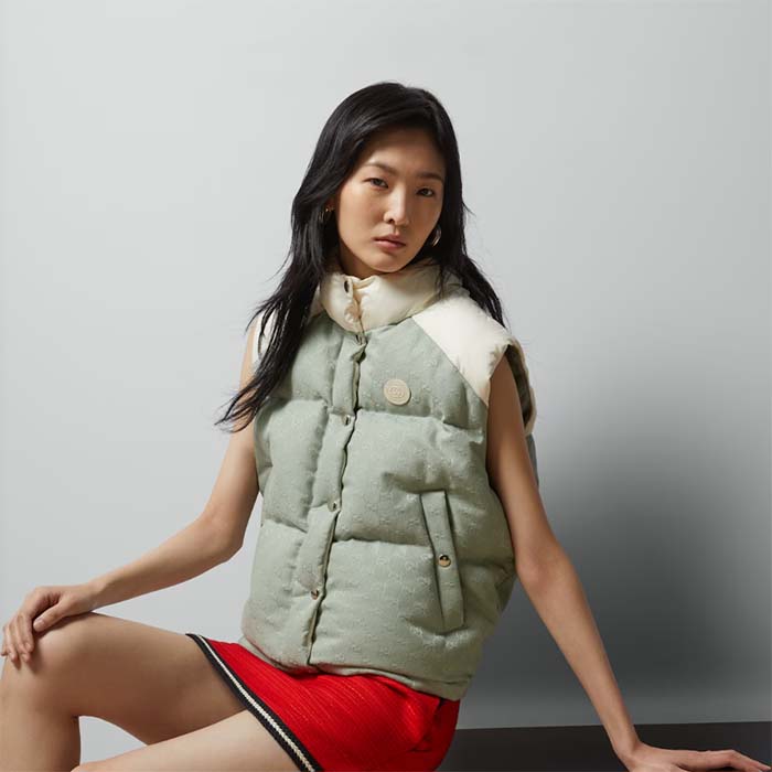 Gucci Women GG Cotton Canvas Padded Vest Blue Lined High Neck Sleeveless Two Side Pockets