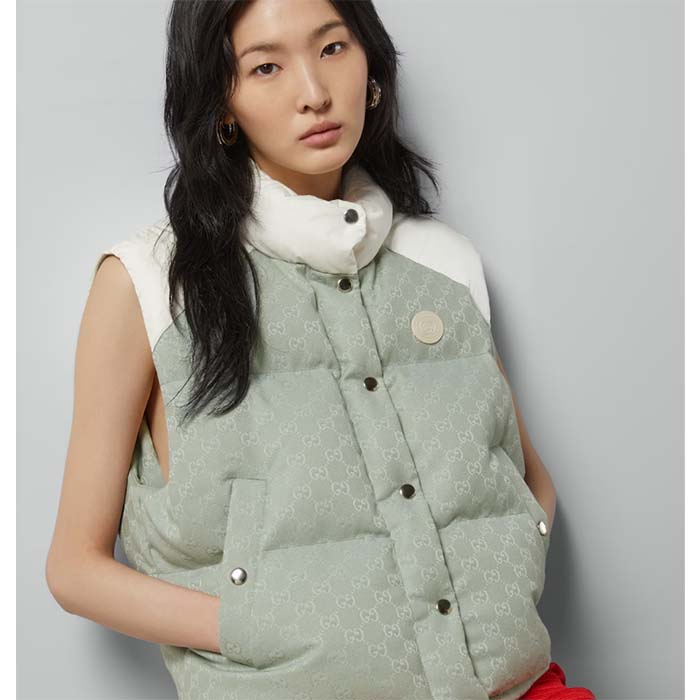 Gucci Women GG Cotton Canvas Padded Vest Blue Lined High Neck Sleeveless Two Side Pockets