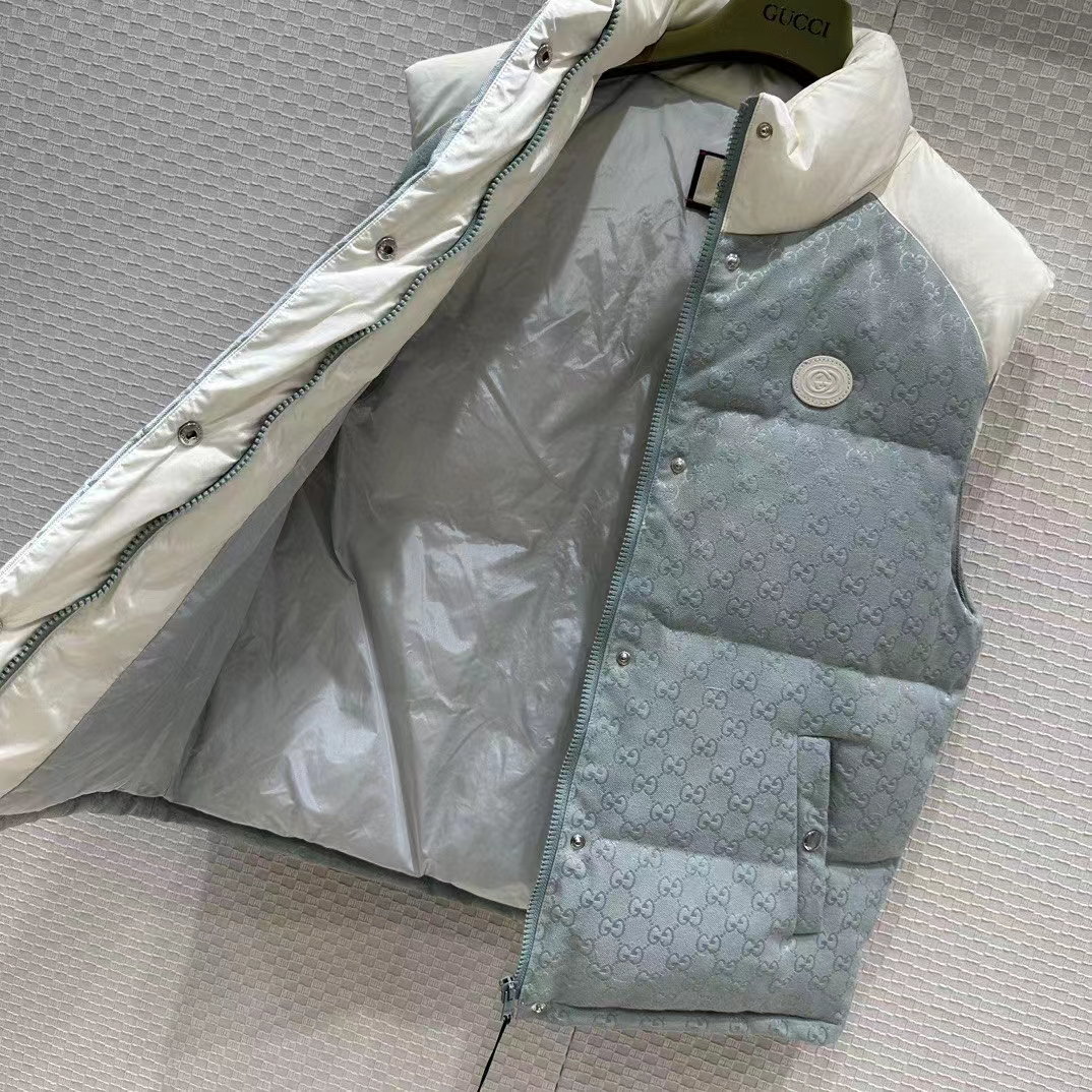Gucci Women GG Cotton Canvas Padded Vest Blue Lined High Neck Sleeveless Two Side Pockets