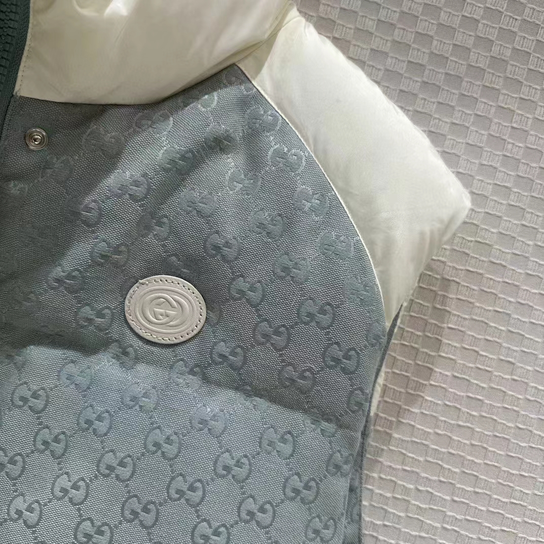 Gucci Women GG Cotton Canvas Padded Vest Blue Lined High Neck Sleeveless Two Side Pockets