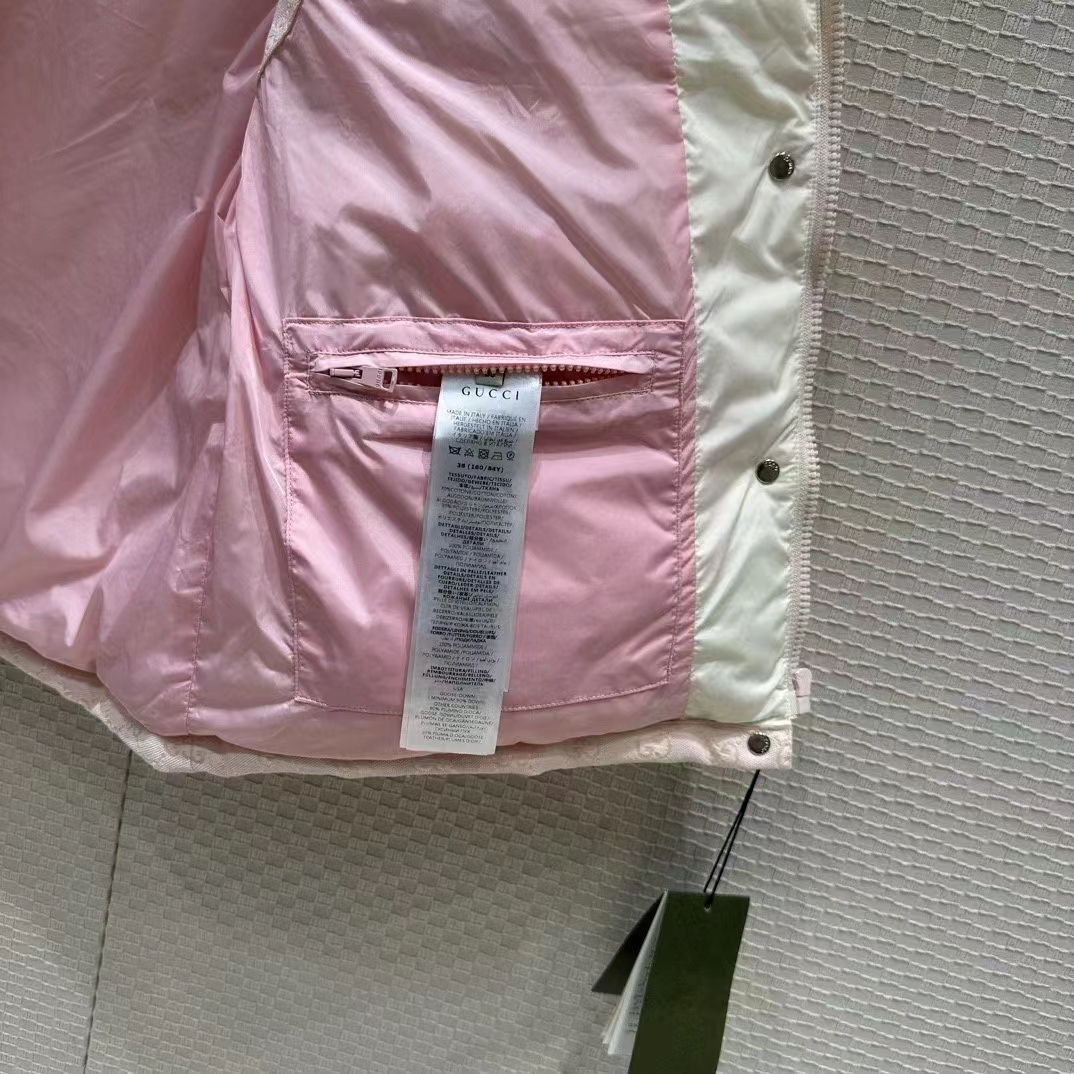 Gucci Women GG Cotton Canvas Padded Vest Pink Lined High Neck Sleeveless Two Side Pockets