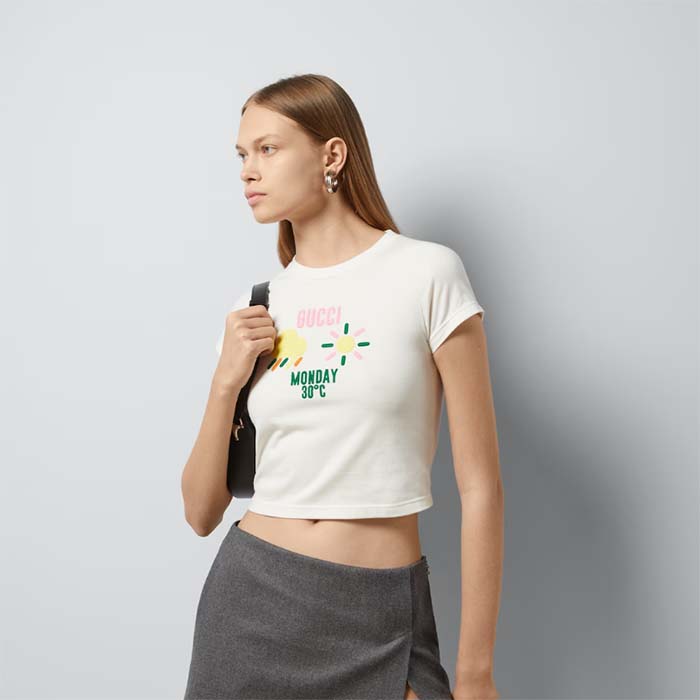 Gucci Women GG Cotton Jersey T-Shirt Monday 30°C Weather Embroidery Crewneck Short Sleeves
