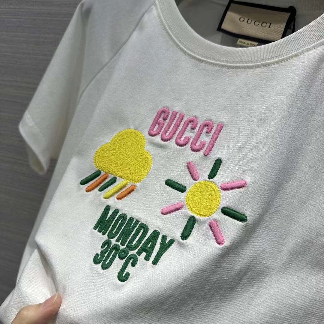 Gucci Women GG Cotton Jersey T-Shirt Monday 30°C Weather Embroidery Crewneck Short Sleeves