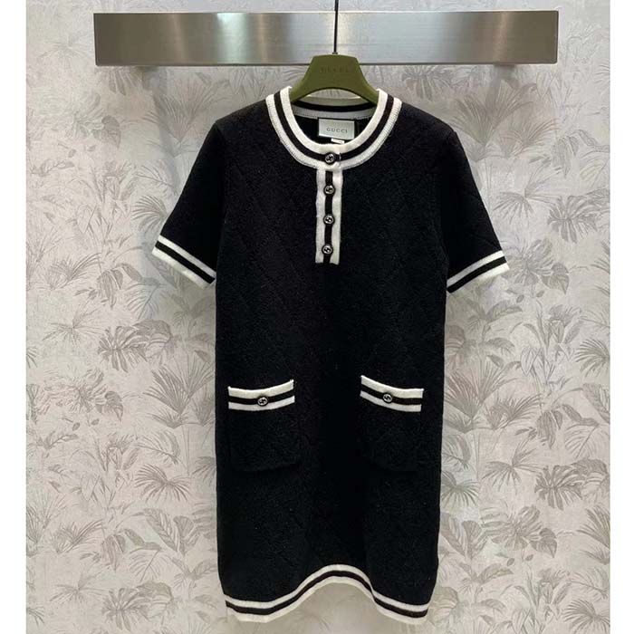Gucci Women GG Extra Fine Wool Piquet Dress Crewneck Short Sleeves Two Front Pockets
