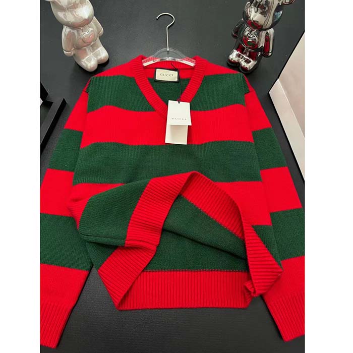 Gucci Men GG Felted Wool Striped Sweater V-Neck Dropped Shoulder Long Sleeves