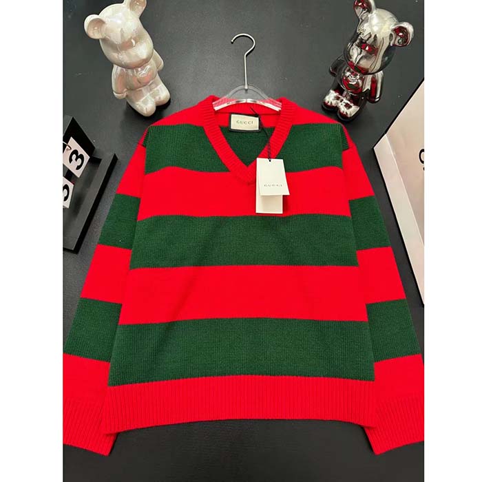 Gucci Men GG Felted Wool Striped Sweater V-Neck Dropped Shoulder Long Sleeves
