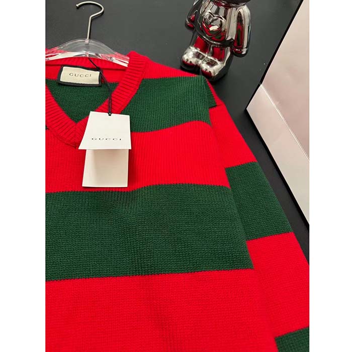Gucci Men GG Felted Wool Striped Sweater V-Neck Dropped Shoulder Long Sleeves