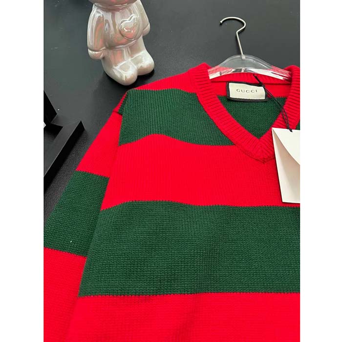 Gucci Men GG Felted Wool Striped Sweater V-Neck Dropped Shoulder Long Sleeves