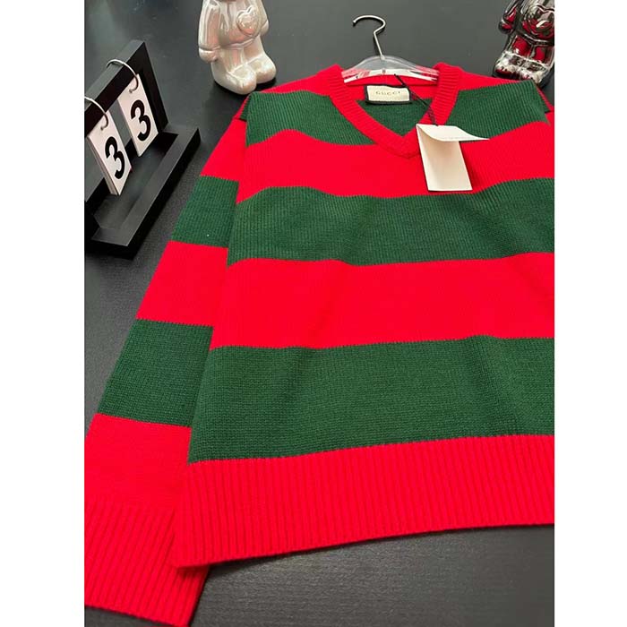 Gucci Men GG Felted Wool Striped Sweater V-Neck Dropped Shoulder Long Sleeves