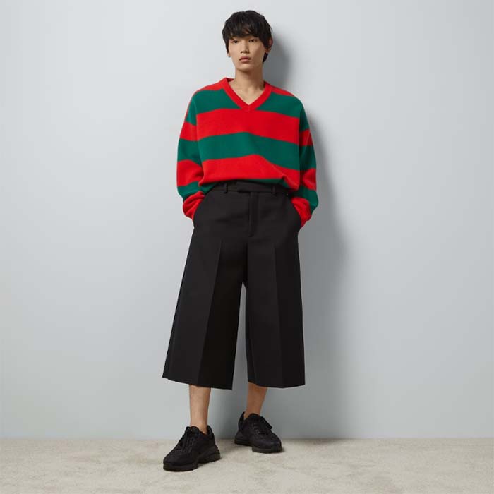 Gucci Men GG Felted Wool Striped Sweater V-Neck Dropped Shoulder Long Sleeves