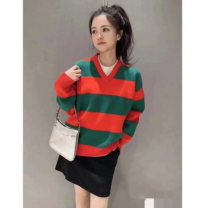 Gucci Women GG Felted Wool Striped Sweater V-Neck Dropped Shoulder Long Sleeves