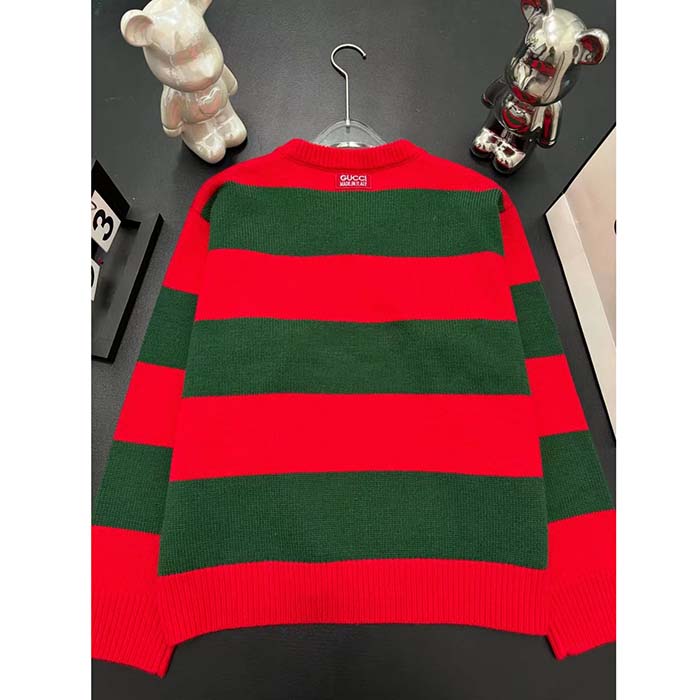 Gucci Men GG Felted Wool Striped Sweater V-Neck Dropped Shoulder Long Sleeves