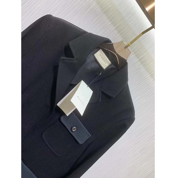 Gucci Men GG Fine Wool Crêpe Jacket Black Satin Unlined Notch Lapel Three Front Pockets