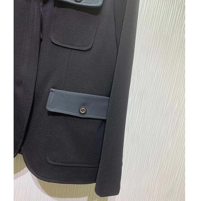 Gucci Men GG Fine Wool Crêpe Jacket Black Satin Unlined Notch Lapel Three Front Pockets