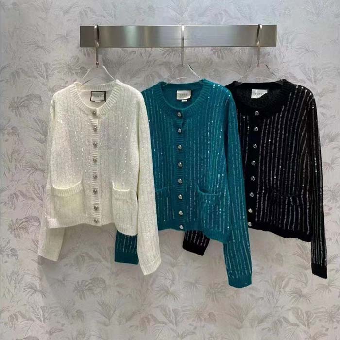Gucci Women GG Mohair Silk Cardigan Teal Blend Sequin Embroidery Crewneck Long Sleeves
