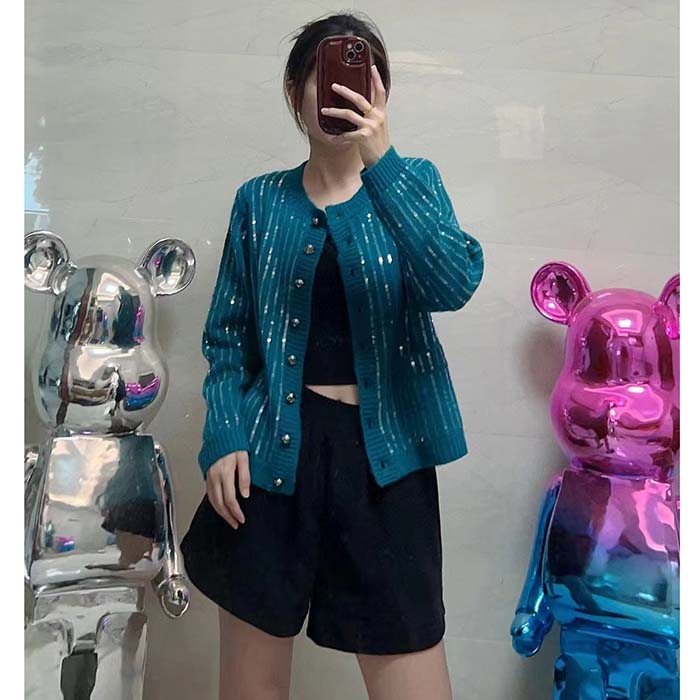Gucci Women GG Mohair Silk Cardigan Teal Blend Sequin Embroidery Crewneck Long Sleeves