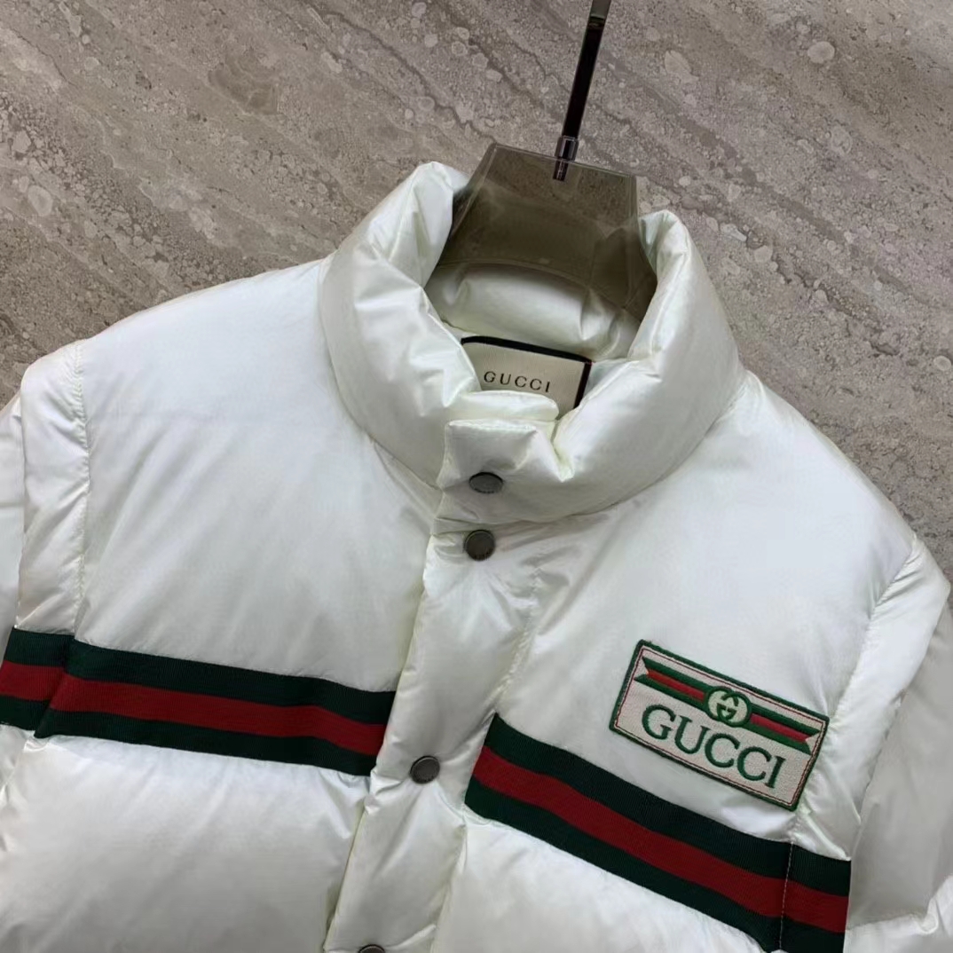 Gucci Men GG Padded Nylon Bomber Jacket Web White Goose Down Detachable Sleeves High Neck