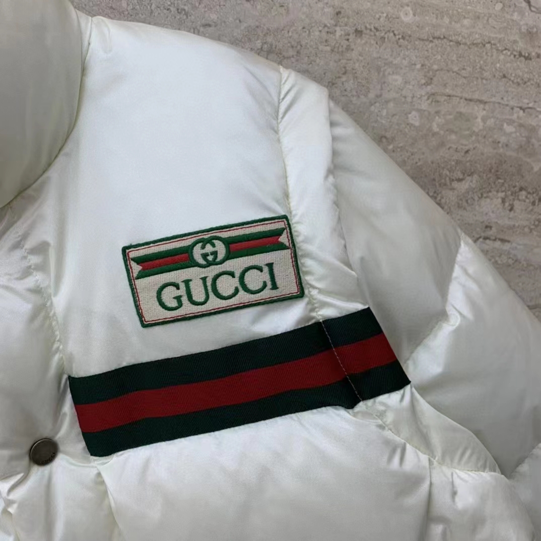 Gucci Men GG Padded Nylon Bomber Jacket Web White Goose Down Detachable Sleeves High Neck