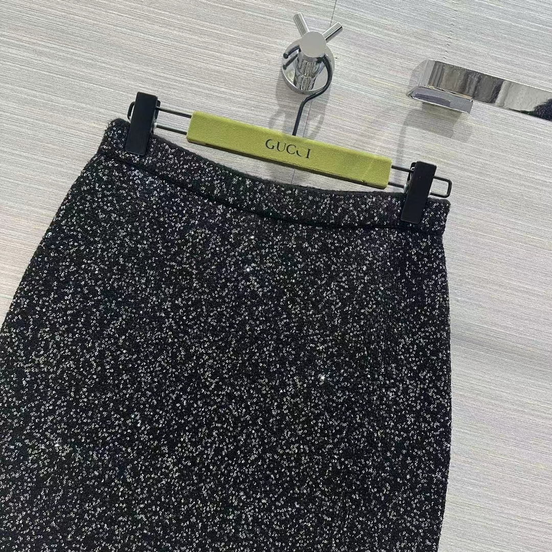 Gucci Women GG Viscose Knit Skirt Blend Sequin Embroidery Black Silver A-Line Zip Closure