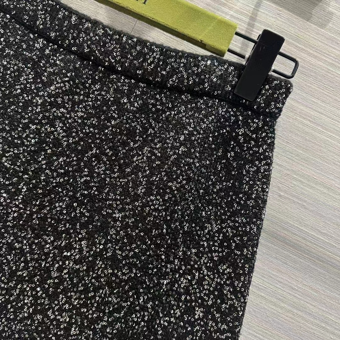 Gucci Women GG Viscose Knit Skirt Blend Sequin Embroidery Black Silver A-Line Zip Closure