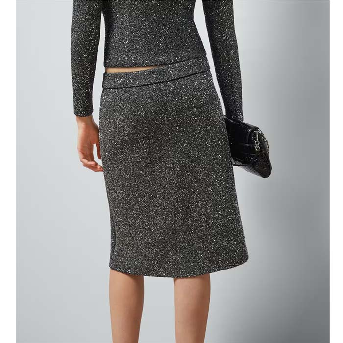 Gucci Women GG Viscose Knit Skirt Blend Sequin Embroidery Black Silver A-Line Zip Closure