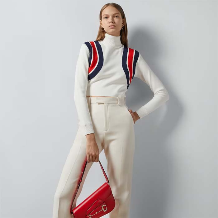 Gucci Women GG Viscose Knit Top Ivory High Neck Long Sleeves Cropped Length
