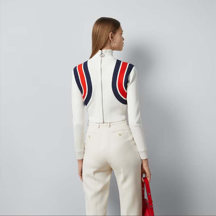 Gucci Women GG Viscose Knit Top Ivory High Neck Long Sleeves Cropped Length