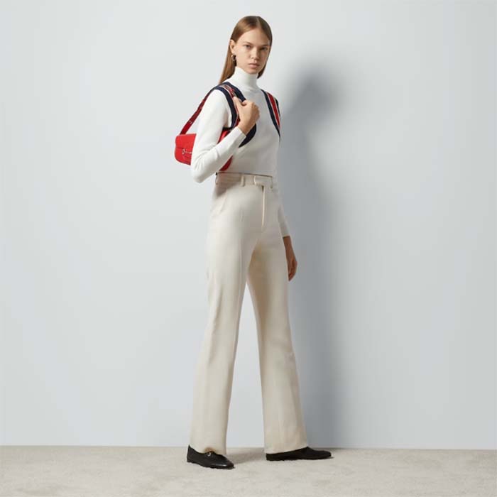 Gucci Women GG Viscose Knit Top Ivory High Neck Long Sleeves Cropped Length